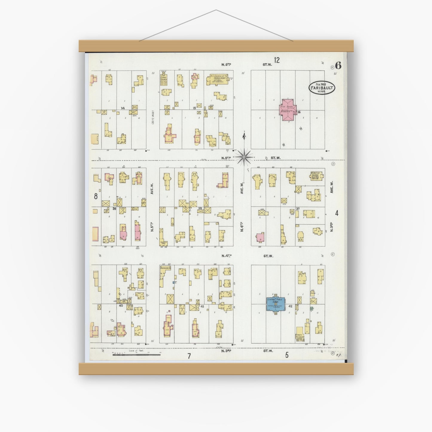 Old map wall art mockup — magnetic wood frame on white wall — Sanborn Fire Insurance Map from Faribault, Rice County, Minnesota (1905), Sheet #0006