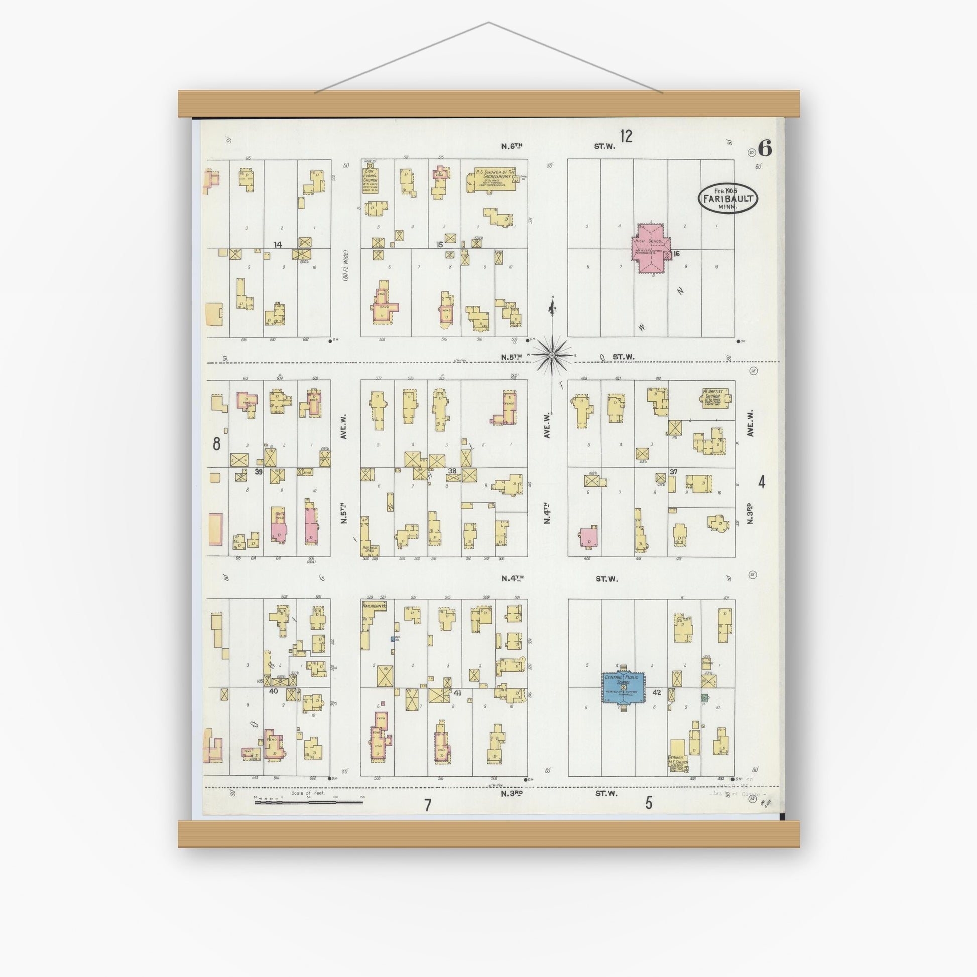 Old map wall art mockup — magnetic wood frame on white wall — Sanborn Fire Insurance Map from Faribault, Rice County, Minnesota (1905), Sheet #0006