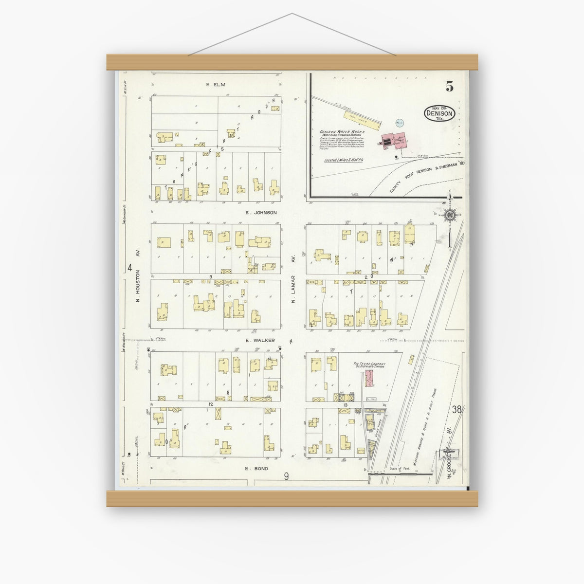 Old map wall art mockup — magnetic wood frame on white wall — Sanborn Fire Insurance Map from Denison, Grayson County, Texas (1914), Sheet #0005