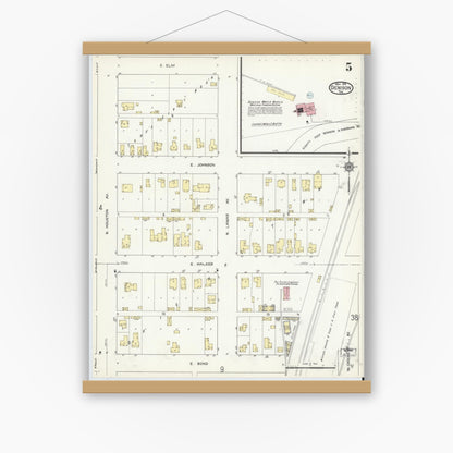 Old map wall art mockup — magnetic wood frame on white wall — Sanborn Fire Insurance Map from Denison, Grayson County, Texas (1914), Sheet #0005