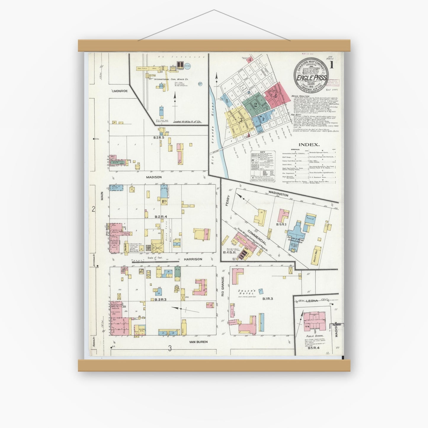 Old map wall art mockup — magnetic wood frame on white wall — Sanborn Fire Insurance Map from Eagle Pass, Maverick County, Texas (1910), Sheet #0001