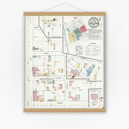 Old map wall art mockup — magnetic wood frame on white wall — Sanborn Fire Insurance Map from Eagle Pass, Maverick County, Texas (1910), Sheet #0001