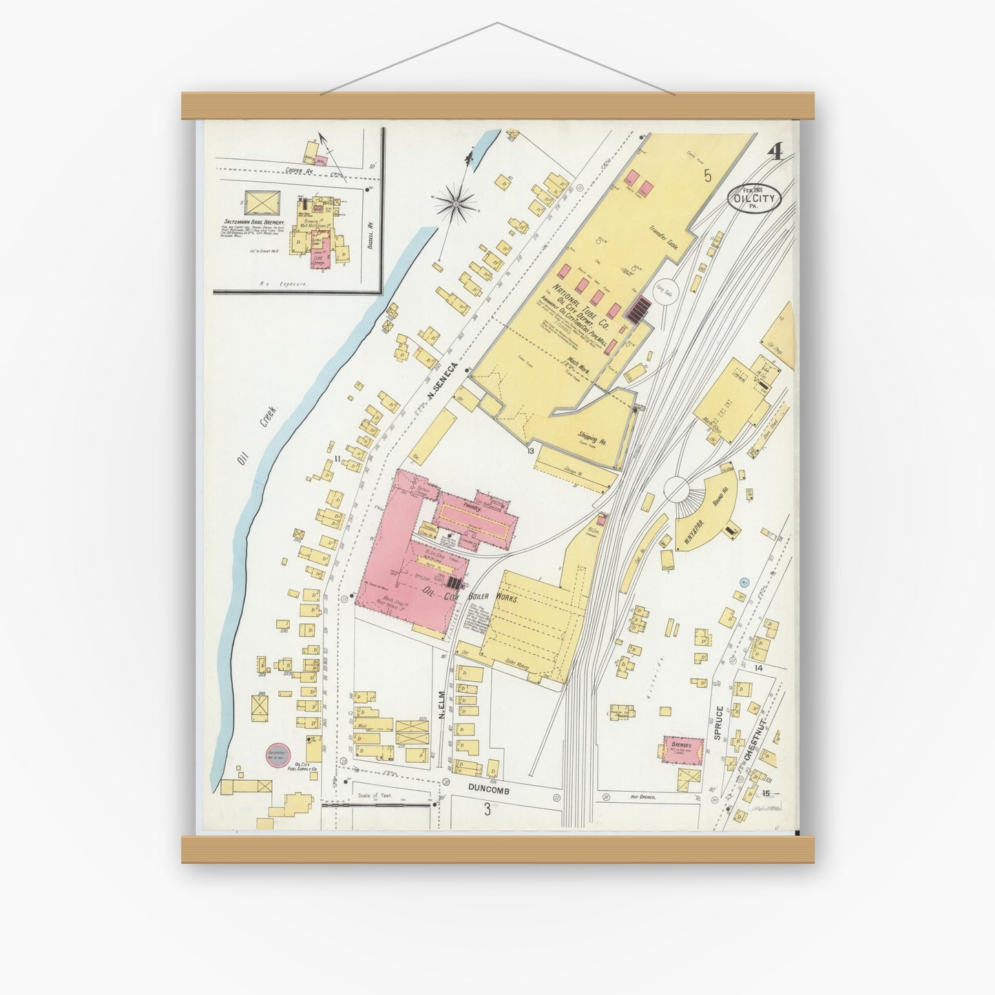 Old map wall art mockup — magnetic wood frame on white wall — Sanborn Fire Insurance Map from Oil City, Venango County, Pennsylvania (1901), Sheet #0004
