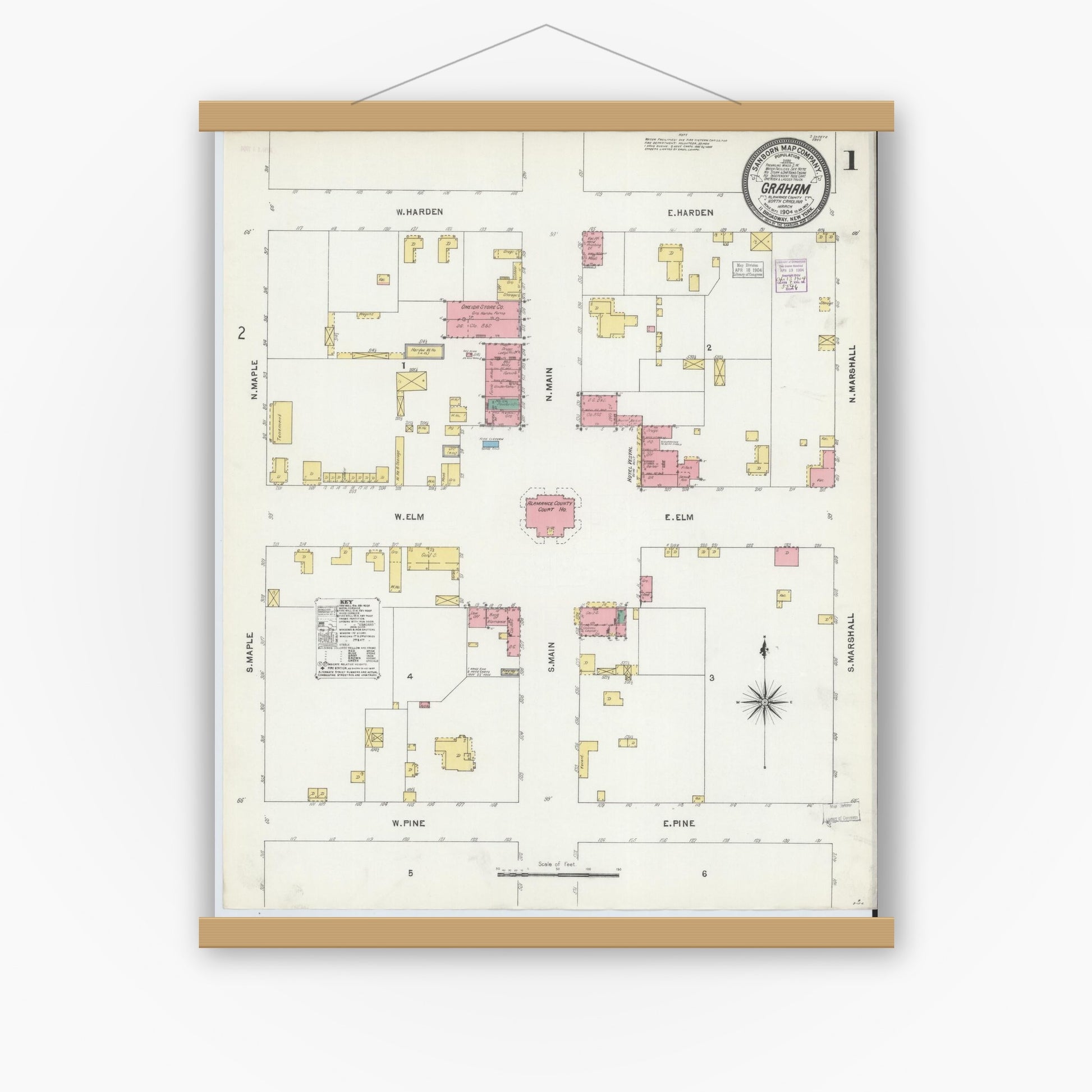Old map wall art mockup — magnetic wood frame on white wall — Sanborn Fire Insurance Map from Graham, Alamance County, North Carolina (1904) - Complete Map Set