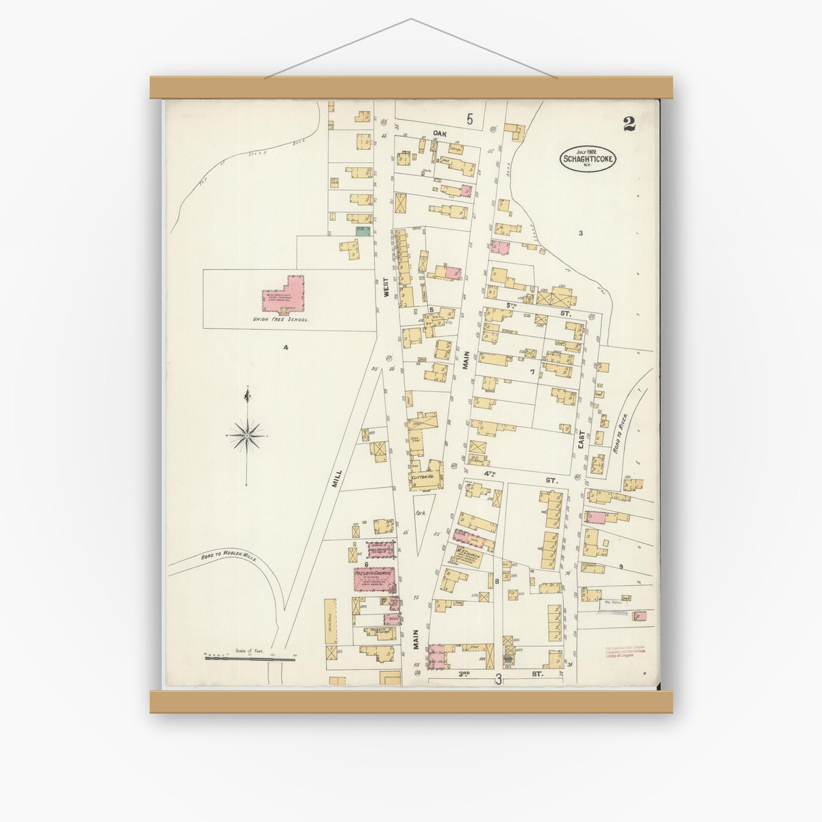 Old map wall art mockup — magnetic wood frame on white wall — Sanborn Fire Insurance Map from Schaghticoke, Rensselaer County, New York (1902), Sheet #0002