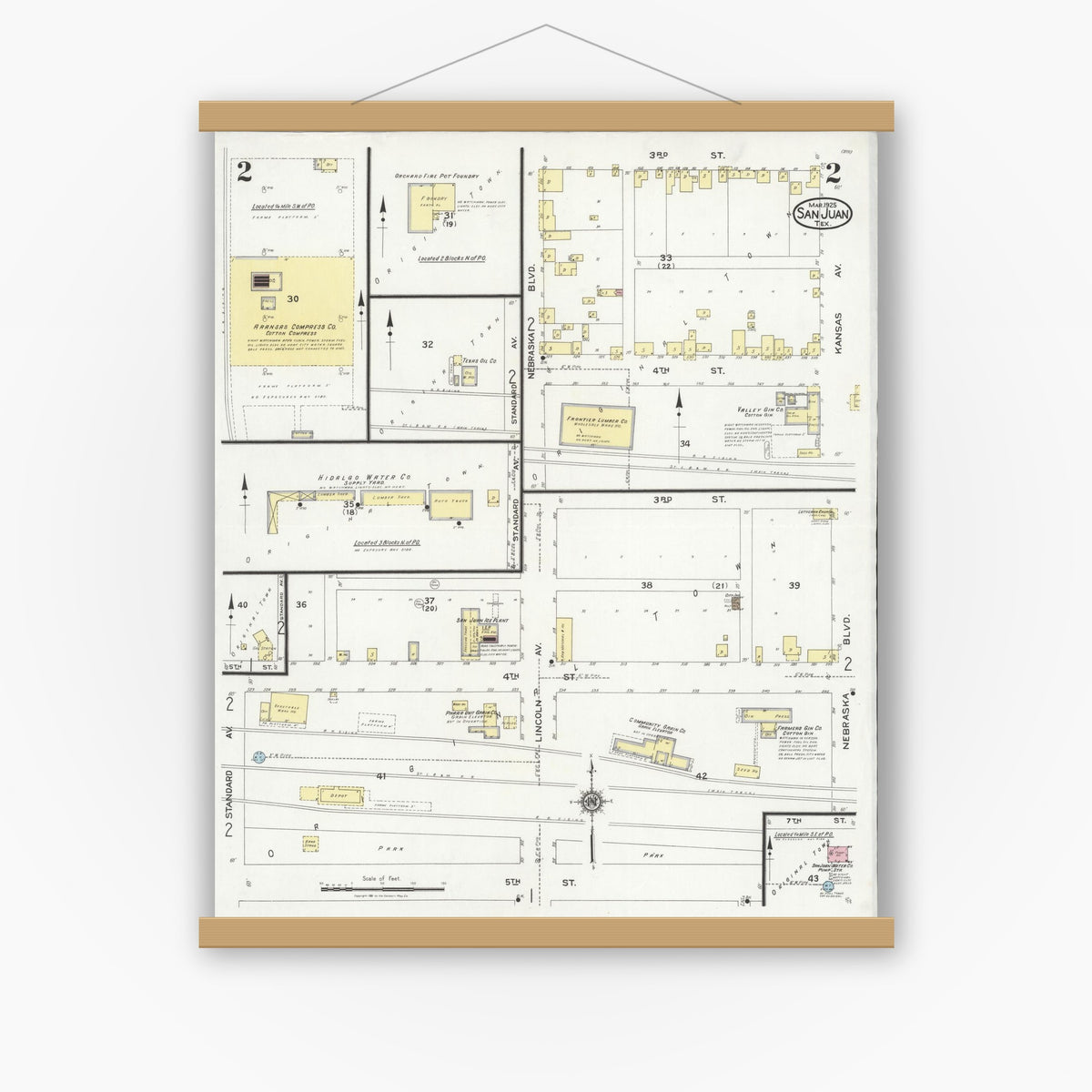 Old map wall art mockup — magnetic wood frame on white wall — Sanborn Fire Insurance Map from San Juan, Hidalgo County, Texas (1925), Sheet #0002