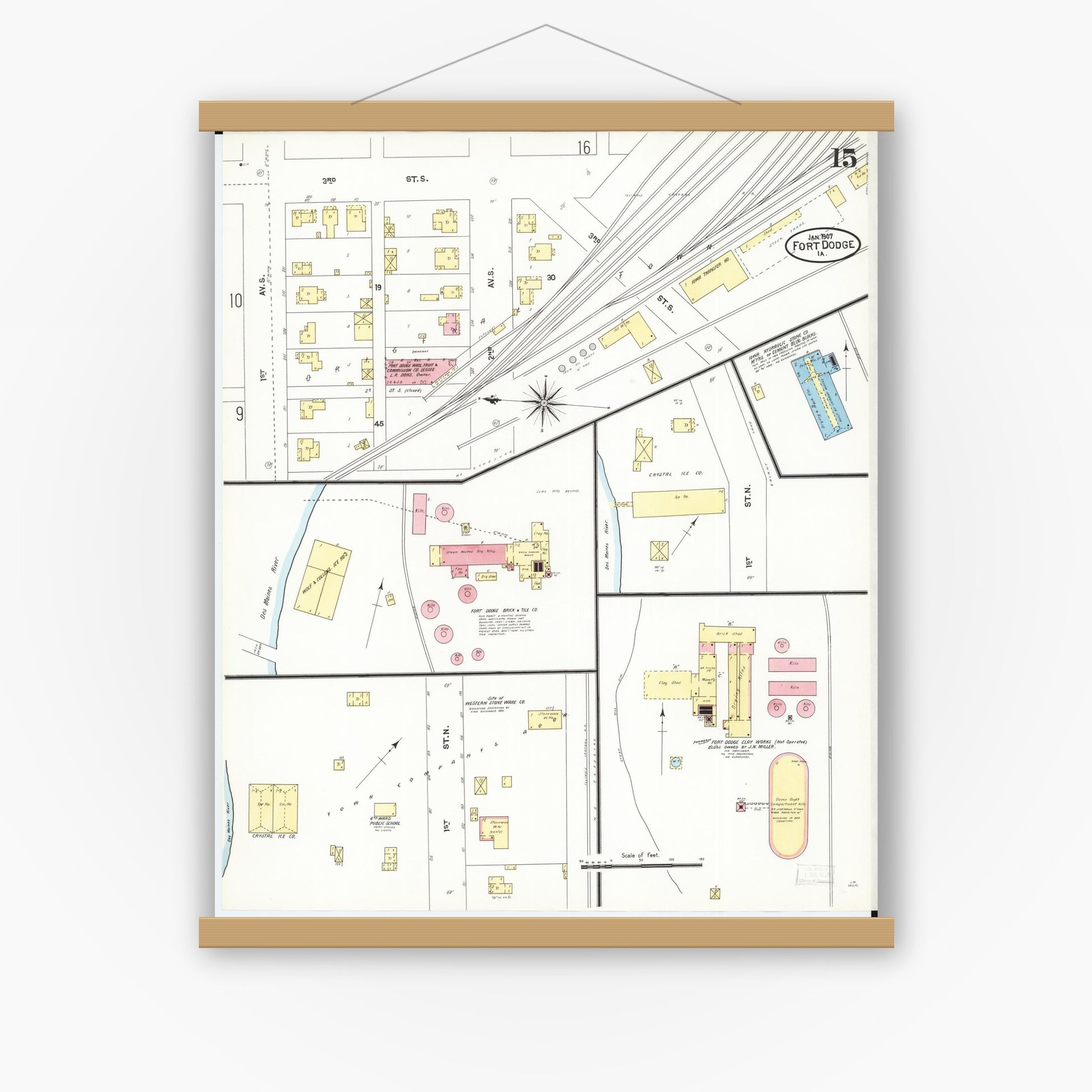 Old map wall art mockup — magnetic wood frame on white wall — Sanborn Fire Insurance Map from Fort Dodge, Webster County, Iowa (1907), Sheet #0015