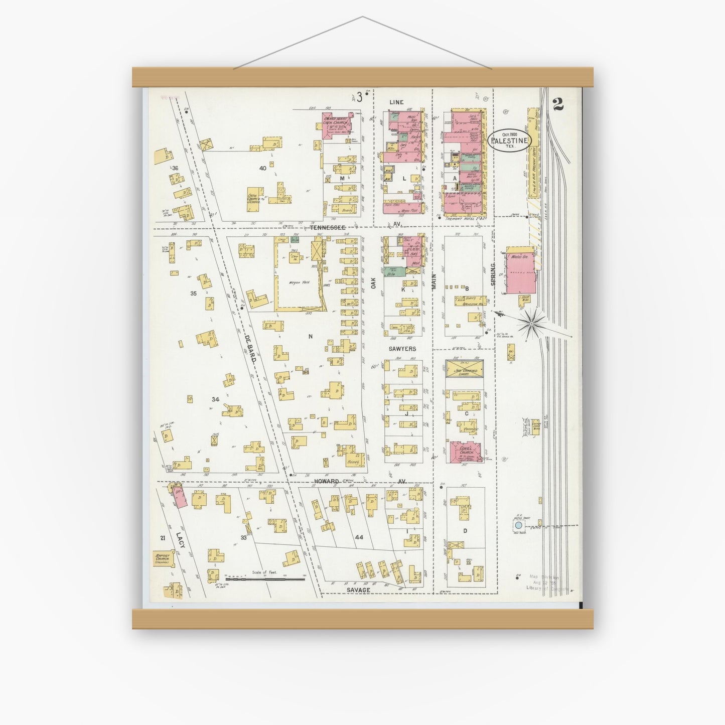 Old map wall art mockup — magnetic wood frame on white wall — Sanborn Fire Insurance Map from Palestine, Anderson County, Texas (1900), Sheet #0002