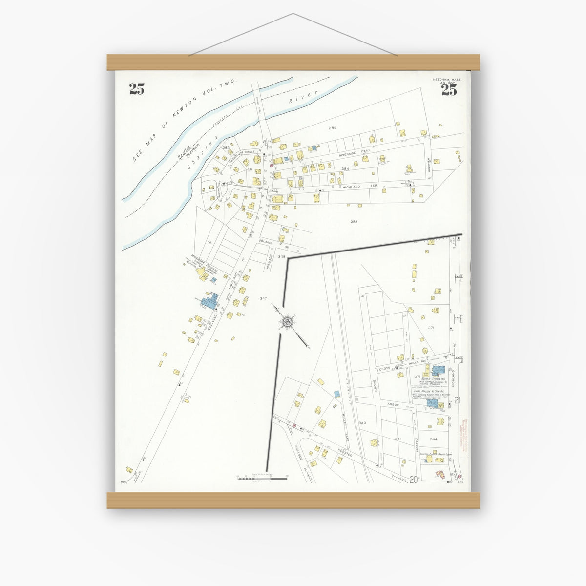 Old map wall art mockup — magnetic wood frame on white wall — Sanborn Fire Insurance Map from Needham, Norfolk County, Massachusetts (1937), Sheet #0025