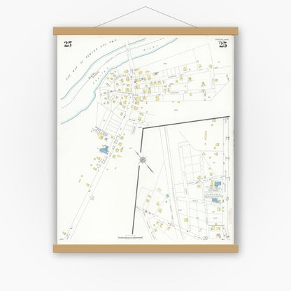 Old map wall art mockup — magnetic wood frame on white wall — Sanborn Fire Insurance Map from Needham, Norfolk County, Massachusetts (1937), Sheet #0025