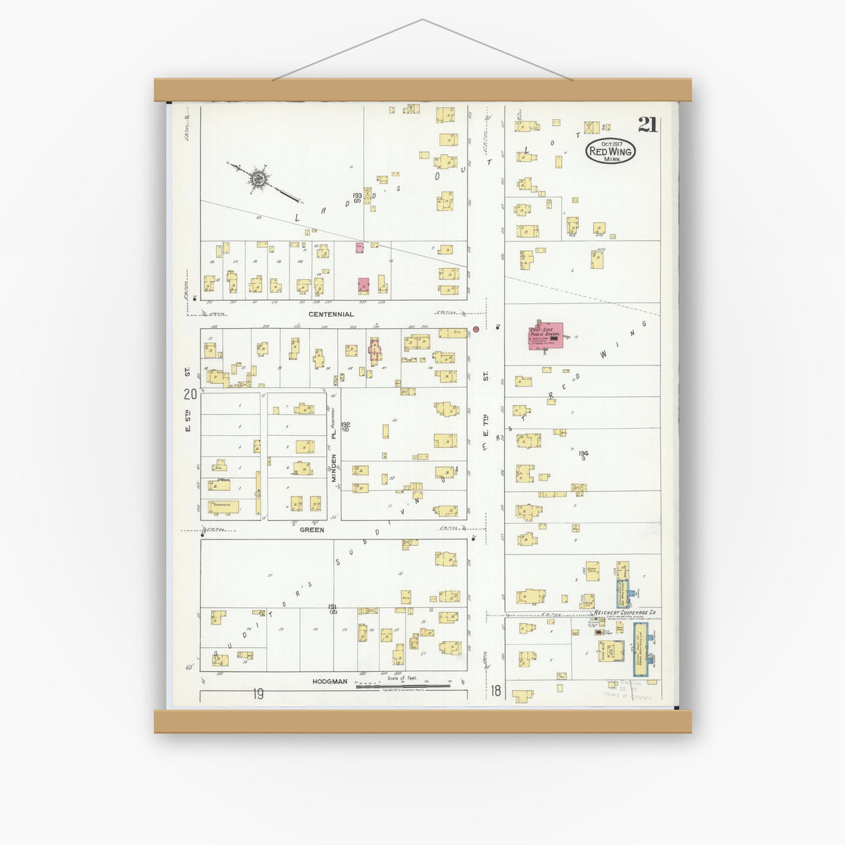 Old map wall art mockup — magnetic wood frame on white wall — Sanborn Fire Insurance Map from Red Wing, Goodhue County, Minnesota (1917), Sheet #0021
