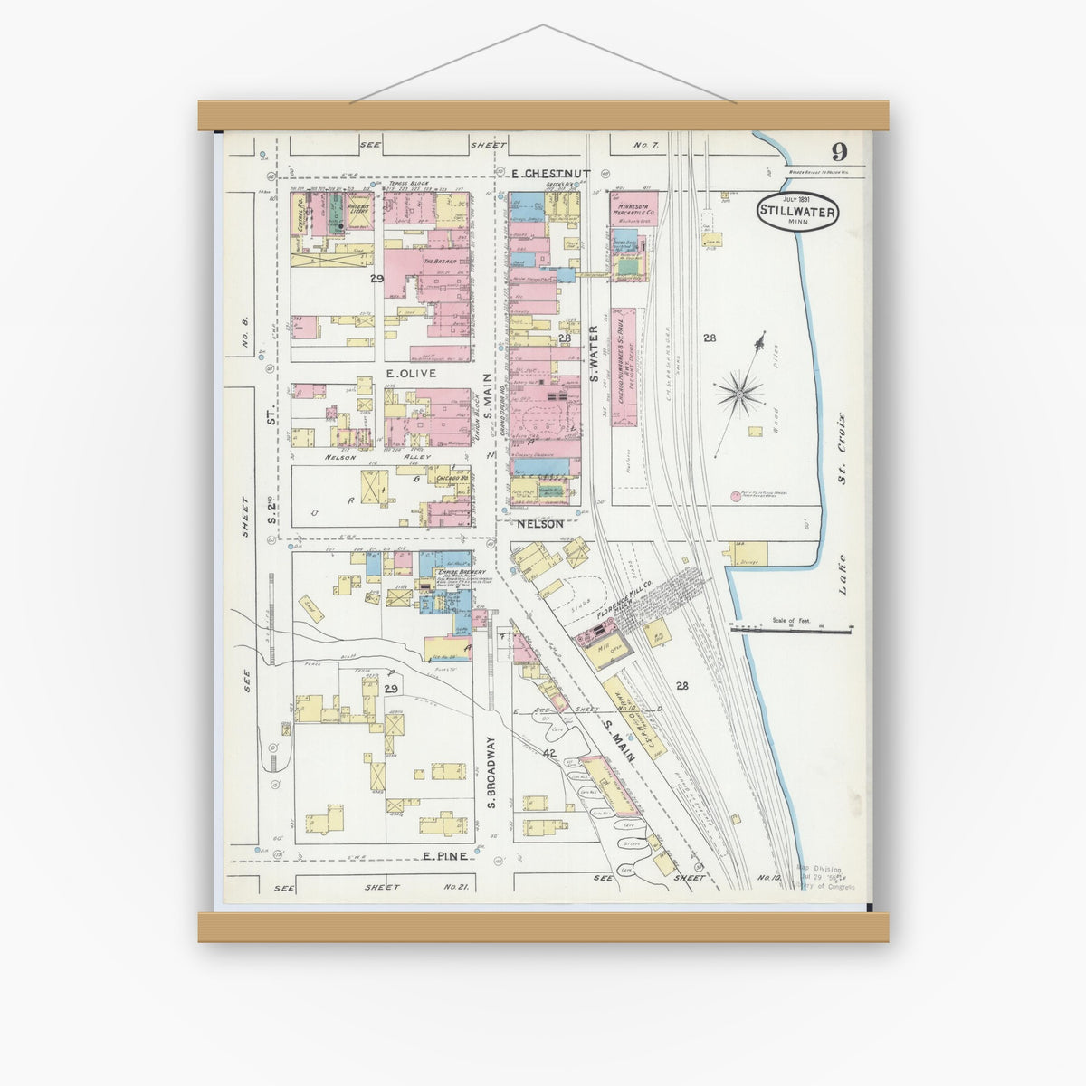 Old map wall art mockup — magnetic wood frame on white wall — Sanborn Fire Insurance Map from Stillwater, Washington County, Minnesota (1891), Sheet #0009