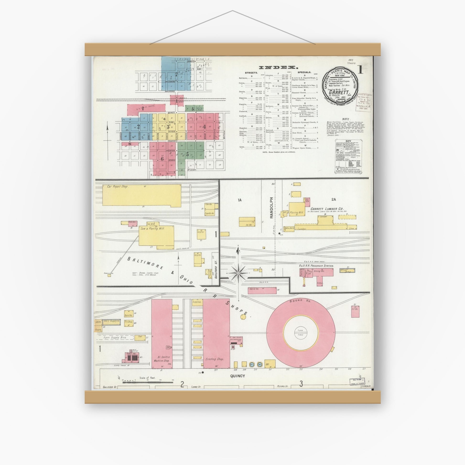 Old map wall art mockup — magnetic wood frame on white wall — Sanborn Fire Insurance Map from Garrett, De Kalb County, Indiana (1901) - Complete Map Set