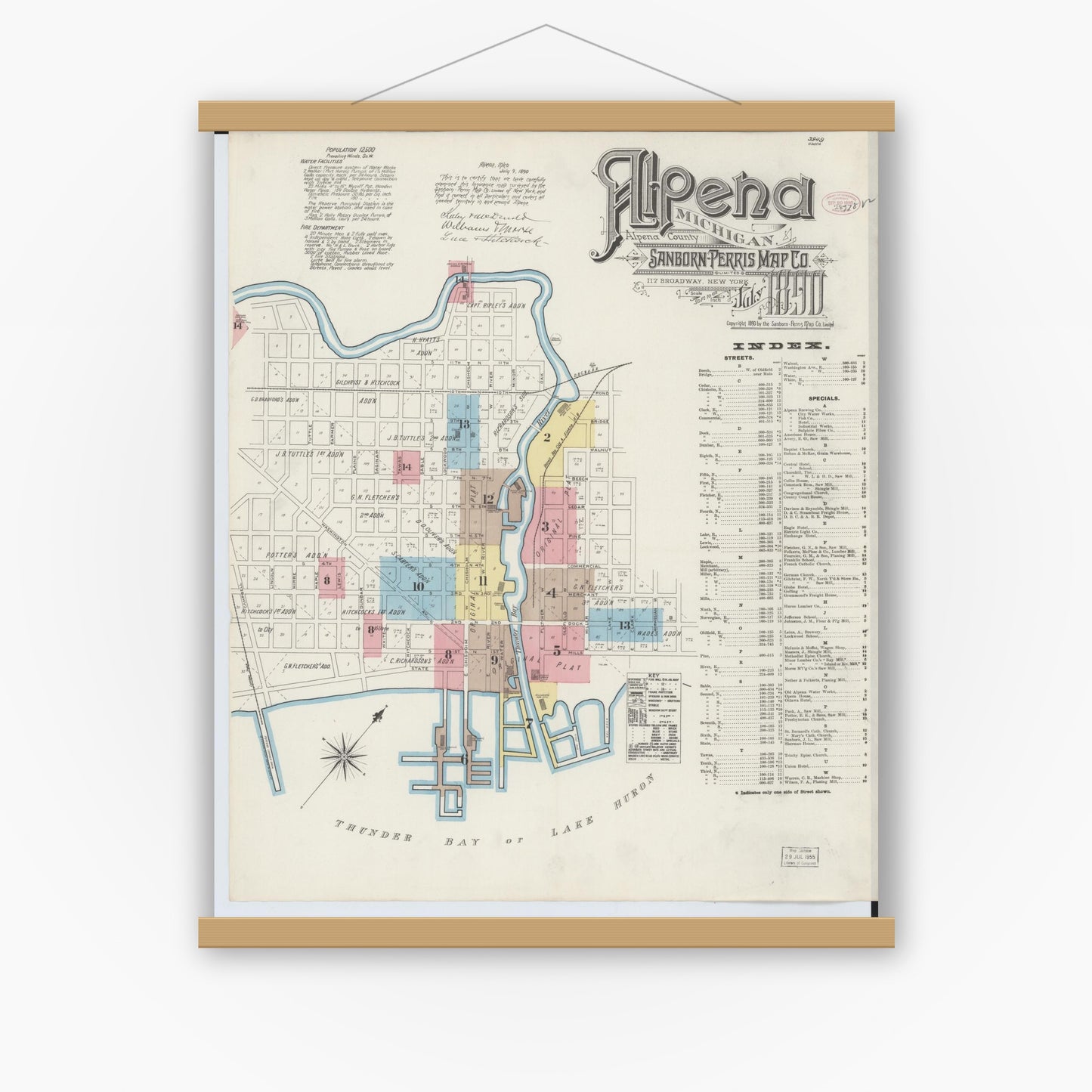 Old map wall art mockup — magnetic wood frame on white wall — Sanborn Fire Insurance Map from Alpena, Alpena County, Michigan (1890), Sheet #0001