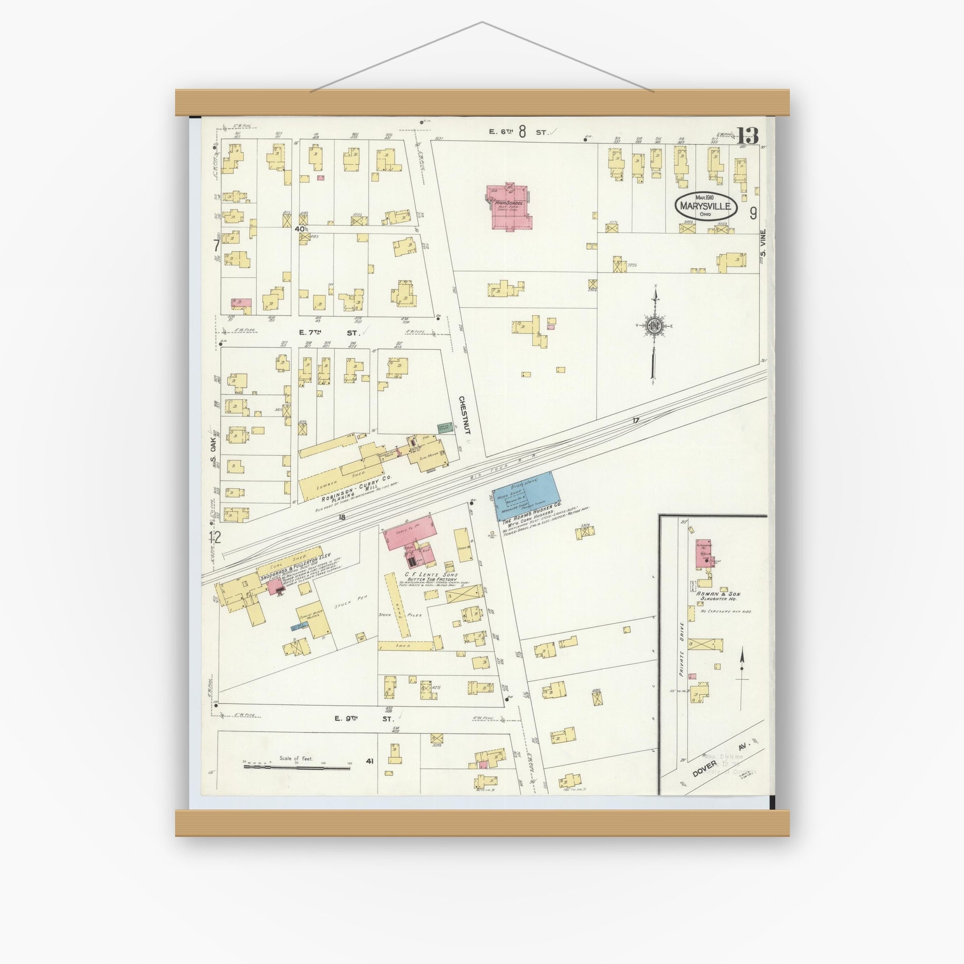 Old map wall art mockup — magnetic wood frame on white wall — Sanborn Fire Insurance Map from Marysville, Union County, Ohio (1910), Sheet #0013