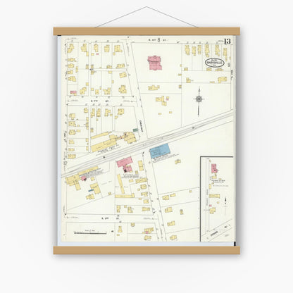 Old map wall art mockup — magnetic wood frame on white wall — Sanborn Fire Insurance Map from Marysville, Union County, Ohio (1910), Sheet #0013
