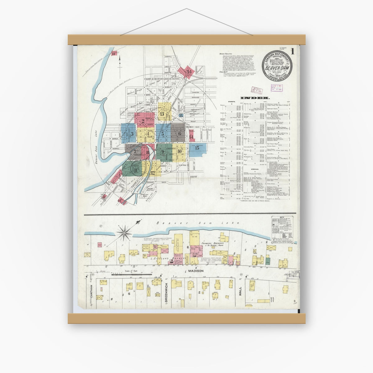 Old map wall art mockup — magnetic wood frame on white wall — Sanborn Fire Insurance Map from Beaver Dam, Dodge County, Wisconsin (1909), Sheet #0001