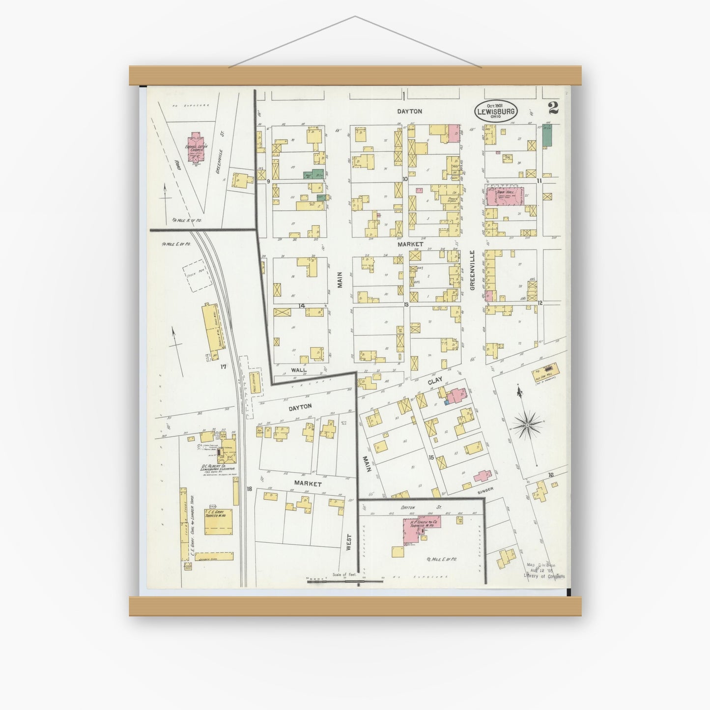 Old map wall art mockup — magnetic wood frame on white wall — Sanborn Fire Insurance Map from Lewisburg, Preble County, Ohio (1901), Sheet #0002