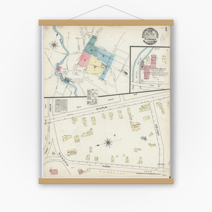 Old map wall art mockup — magnetic wood frame on white wall — Sanborn Fire Insurance Map from Florence, Hampshire County, Massachusetts (1884), Sheet #0001