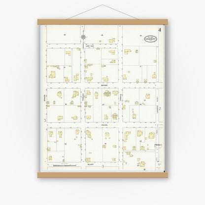 Old map wall art mockup — magnetic wood frame on white wall — Sanborn Fire Insurance Map from Granbury, Hood County, Texas (1910), Sheet #0004