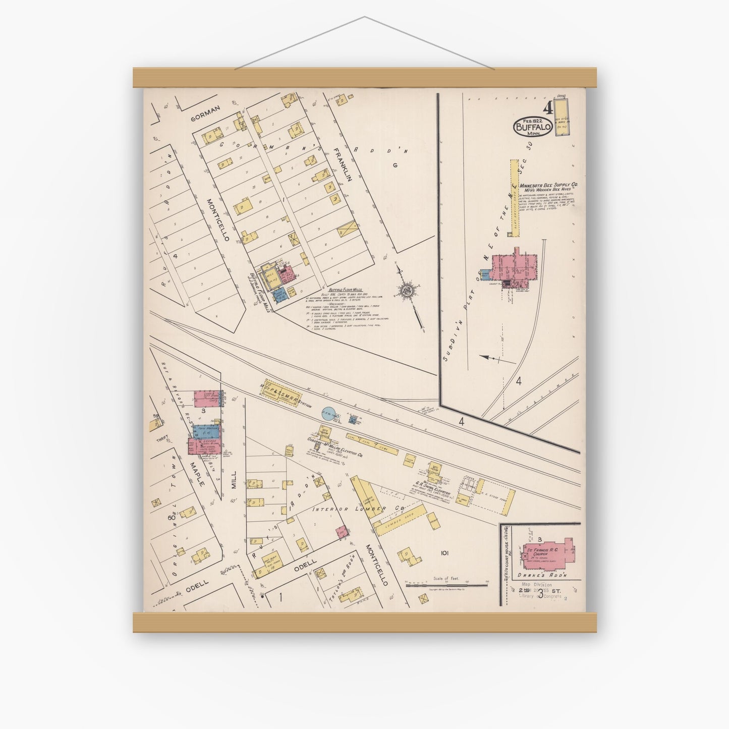Old map wall art mockup — magnetic wood frame on white wall — Sanborn Fire Insurance Map from Buffalo, Wright County, Minnesota (1922), Sheet #0004