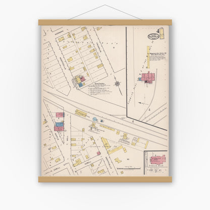 Old map wall art mockup — magnetic wood frame on white wall — Sanborn Fire Insurance Map from Buffalo, Wright County, Minnesota (1922), Sheet #0004