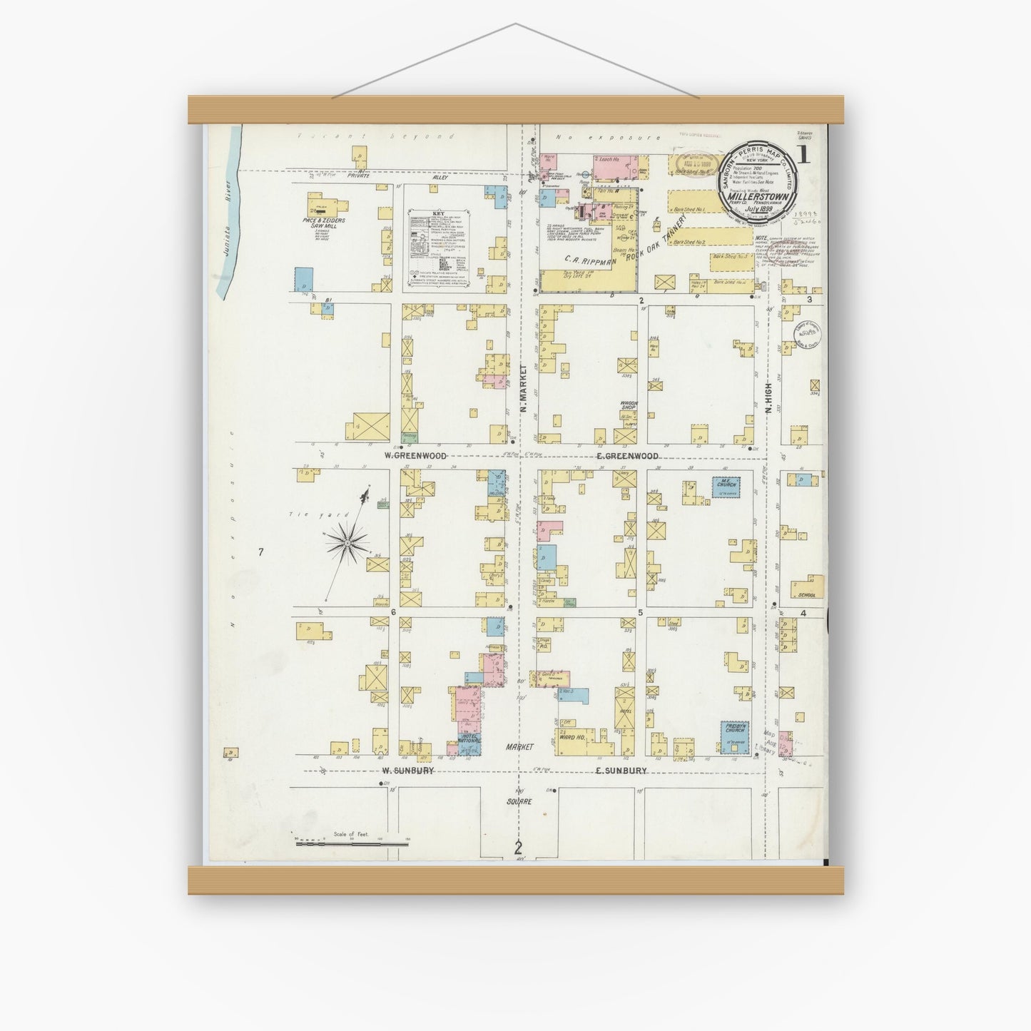 Old map wall art mockup — magnetic wood frame on white wall — Sanborn Fire Insurance Map from Millerstown, Perry County, Pennsylvania (1899), Sheet #0001