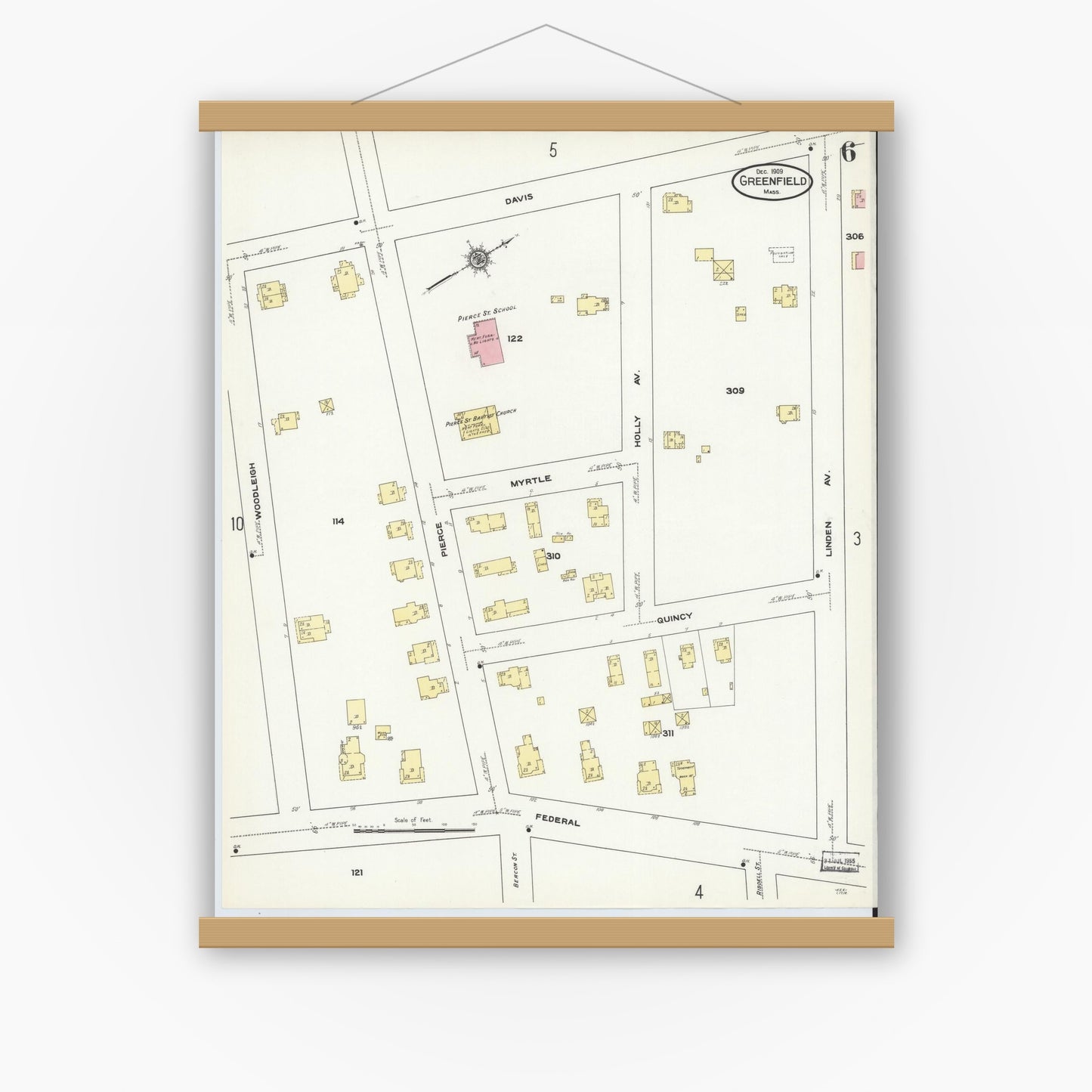 Old map wall art mockup — magnetic wood frame on white wall — Sanborn Fire Insurance Map from Greenfield, Franklin County, Massachusetts (1909), Sheet #0006