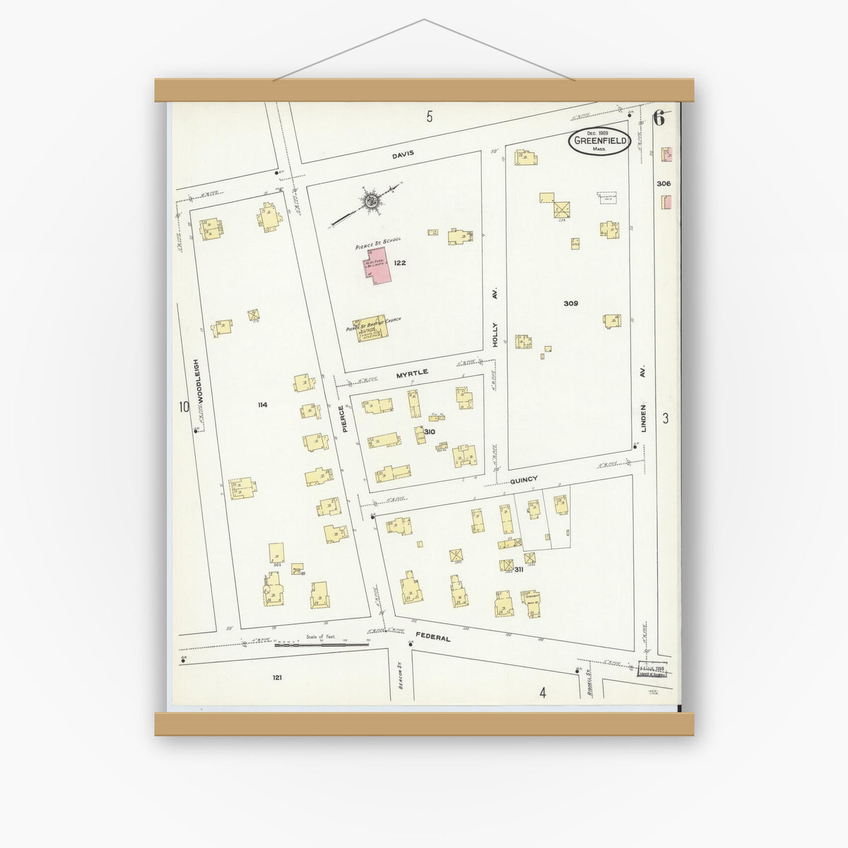 Old map wall art mockup — magnetic wood frame on white wall — Sanborn Fire Insurance Map from Greenfield, Franklin County, Massachusetts (1909), Sheet #0006