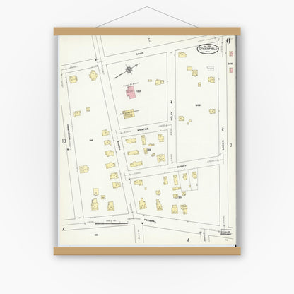 Old map wall art mockup — magnetic wood frame on white wall — Sanborn Fire Insurance Map from Greenfield, Franklin County, Massachusetts (1909), Sheet #0006