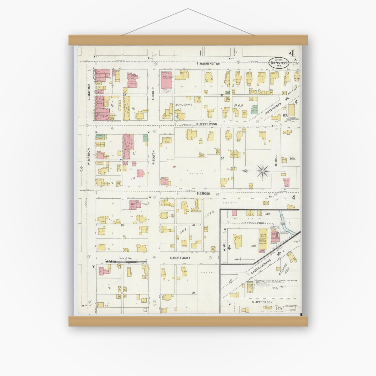 Old map wall art mockup — magnetic wood frame on white wall — Sanborn Fire Insurance Map from Danville, Hendricks County, Indiana (1898), Sheet #0004