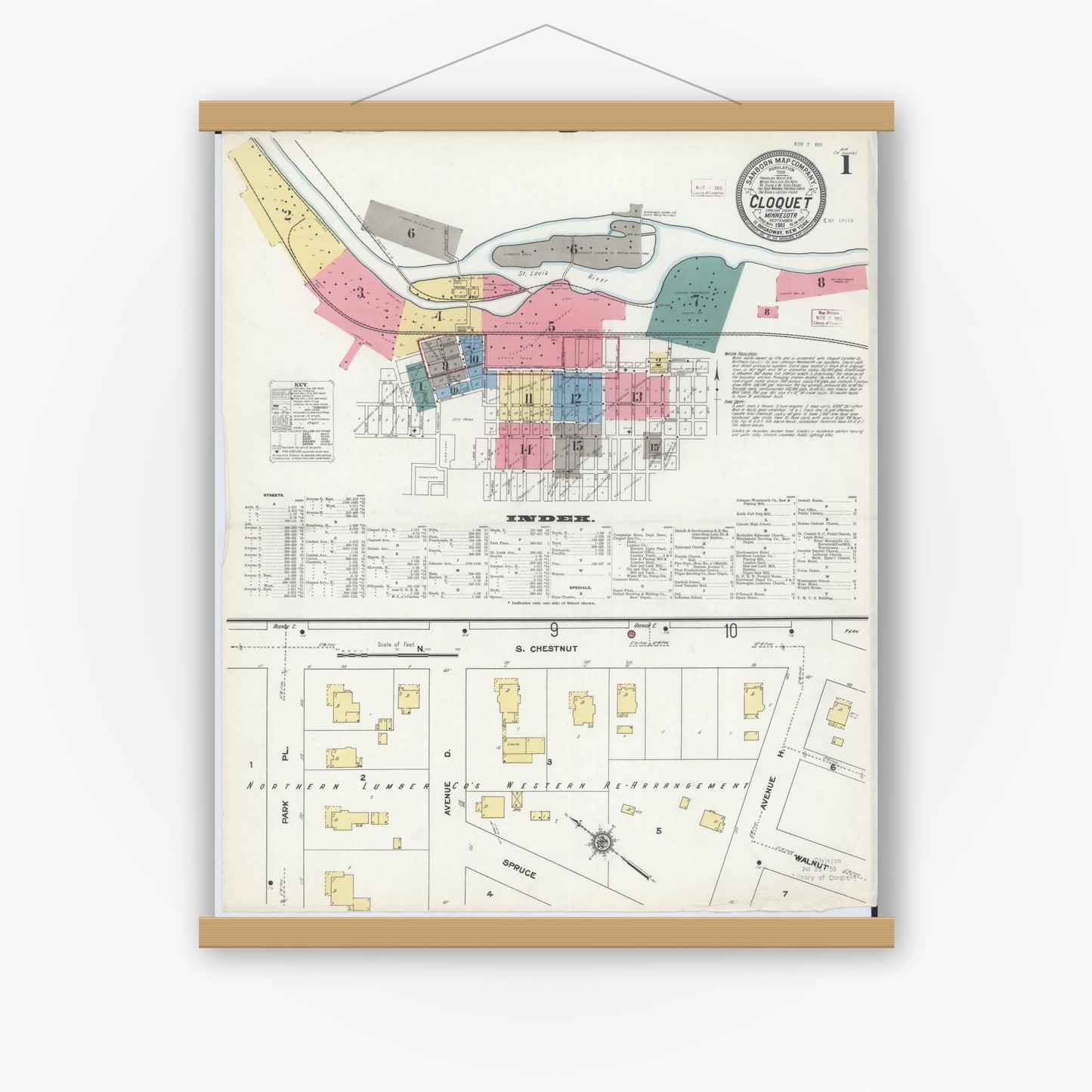 Old map wall art mockup — magnetic wood frame on white wall — Sanborn Fire Insurance Map from Cloquet, Carlton County, Minnesota (1911) - Complete Map Set