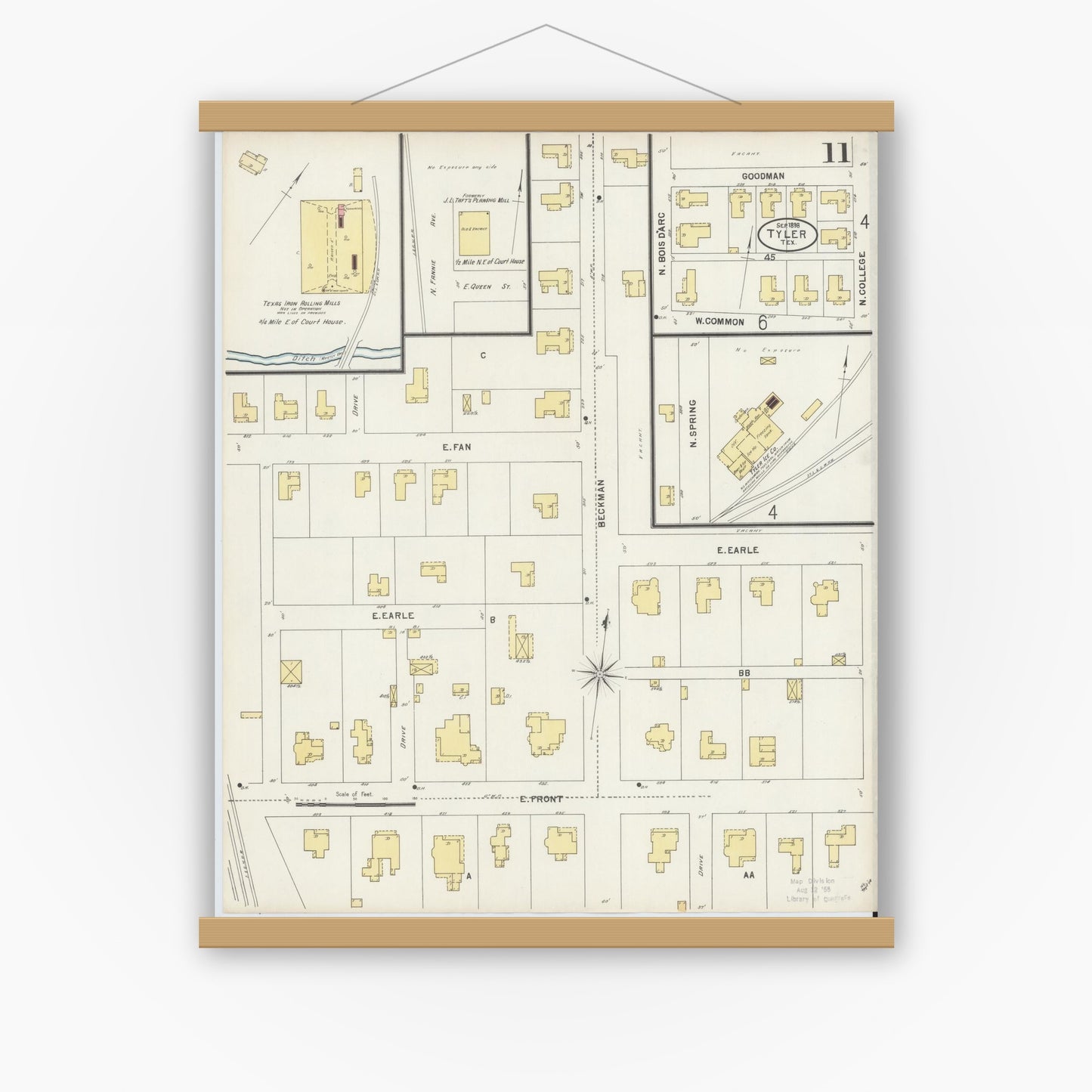 Old map wall art mockup — magnetic wood frame on white wall — Sanborn Fire Insurance Map from Tyler, Smith County, Texas (1898), Sheet #0011
