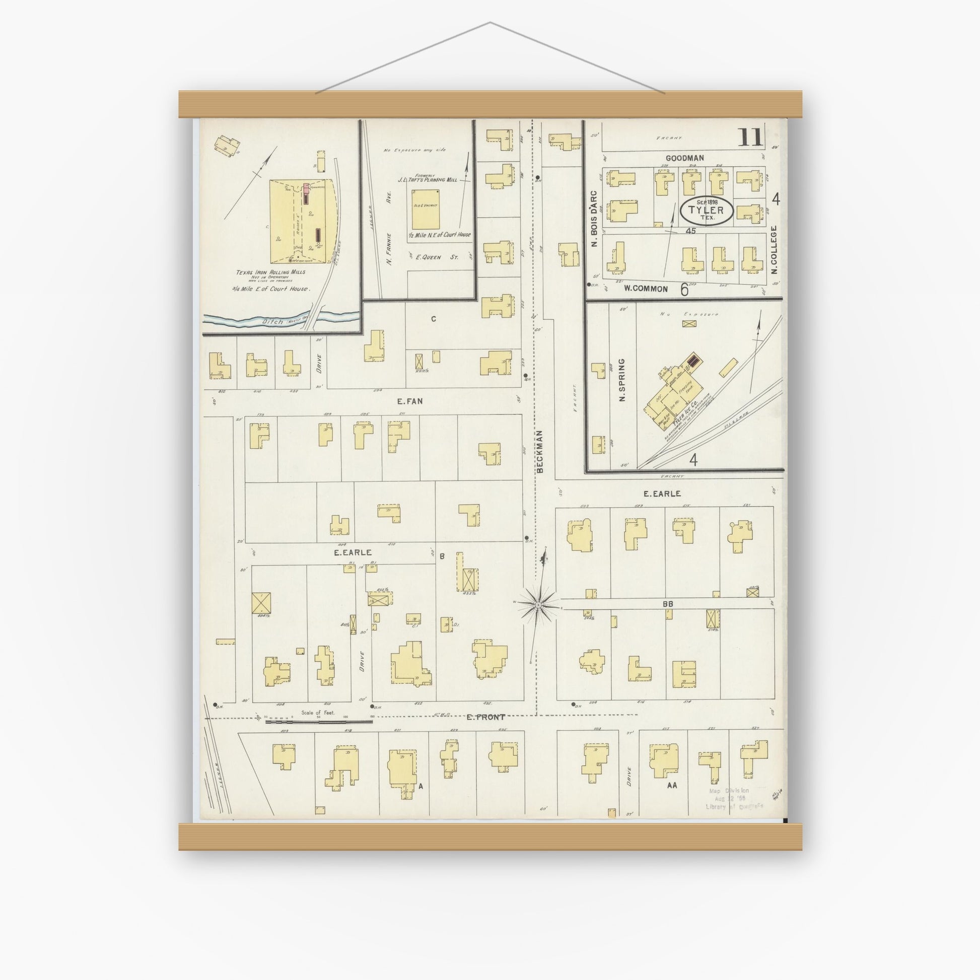 Old map wall art mockup — magnetic wood frame on white wall — Sanborn Fire Insurance Map from Tyler, Smith County, Texas (1898), Sheet #0011