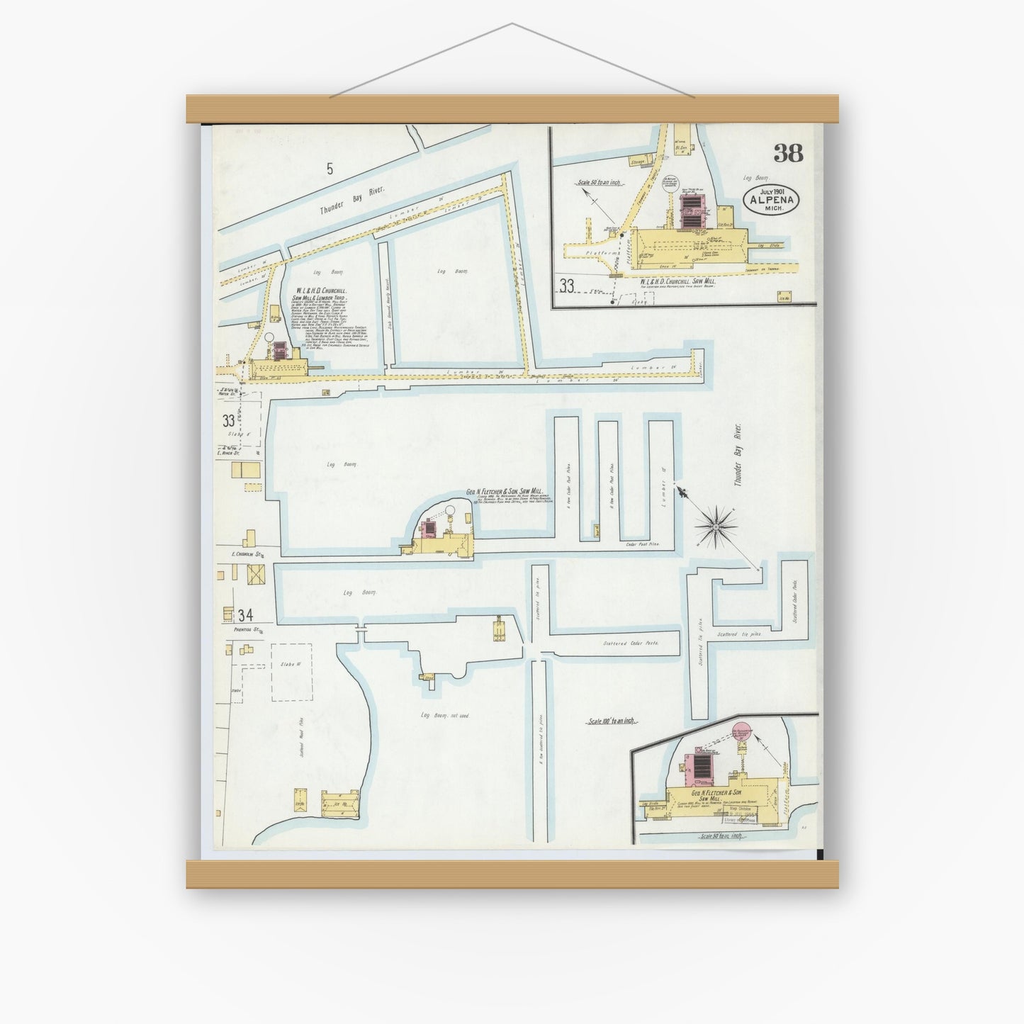 Old map wall art mockup — magnetic wood frame on white wall — Sanborn Fire Insurance Map from Alpena, Alpena County, Michigan (1901), Sheet #0038