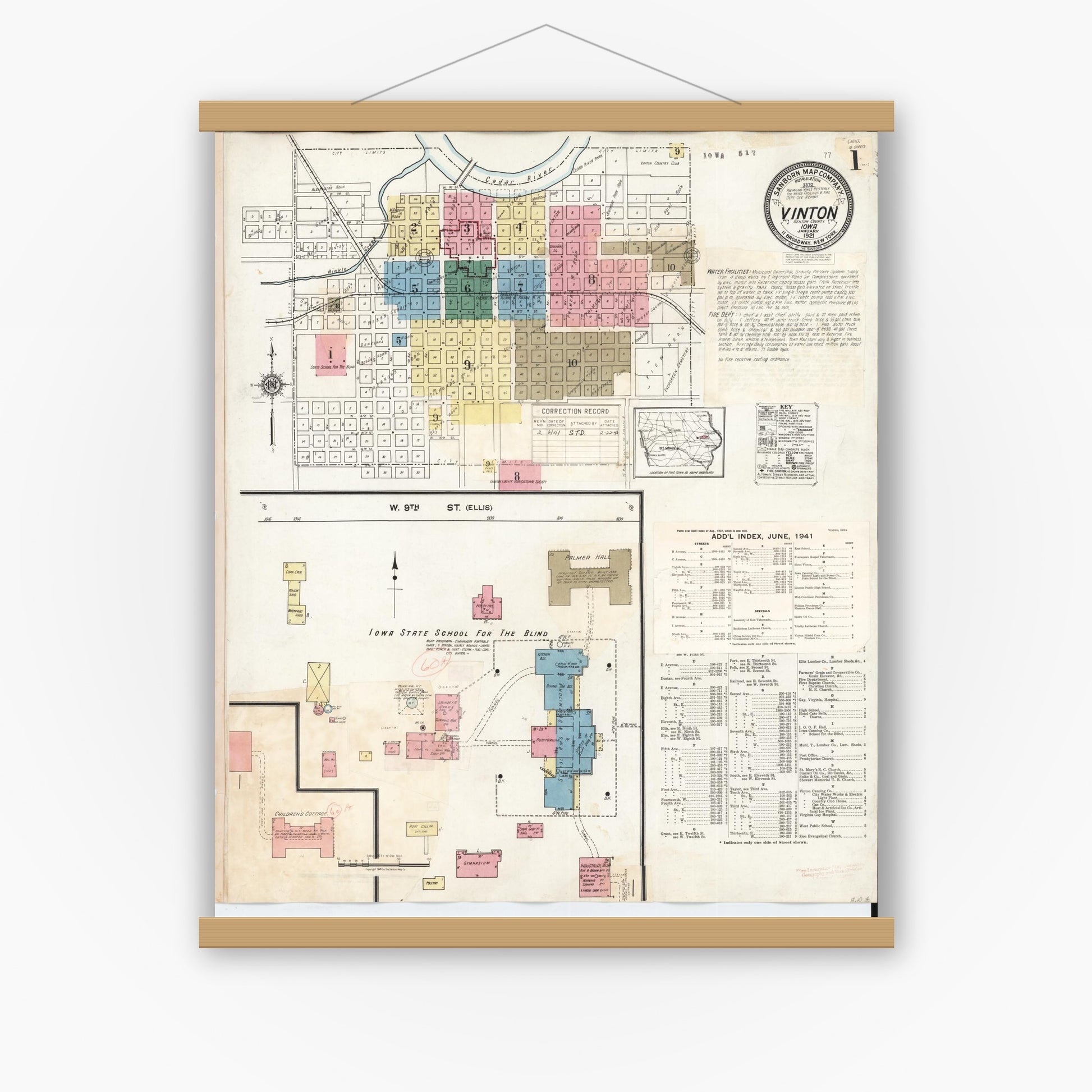 Old map wall art mockup — magnetic wood frame on white wall — Sanborn Fire Insurance Map from Vinton, Benton County, Iowa (1941), Sheet #0001
