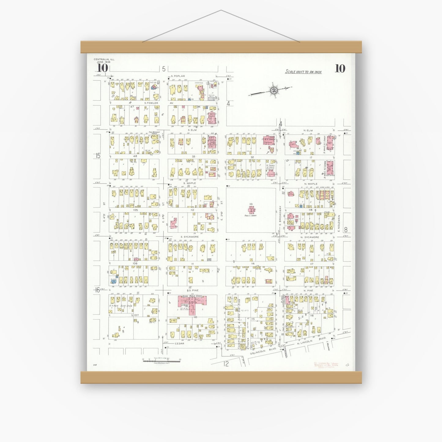 Old map wall art mockup — magnetic wood frame on white wall — Sanborn Fire Insurance Map from Centralia, Marion, Clinton, Jefferson, and Washington Counties, Illinois (1938), Sheet #0010