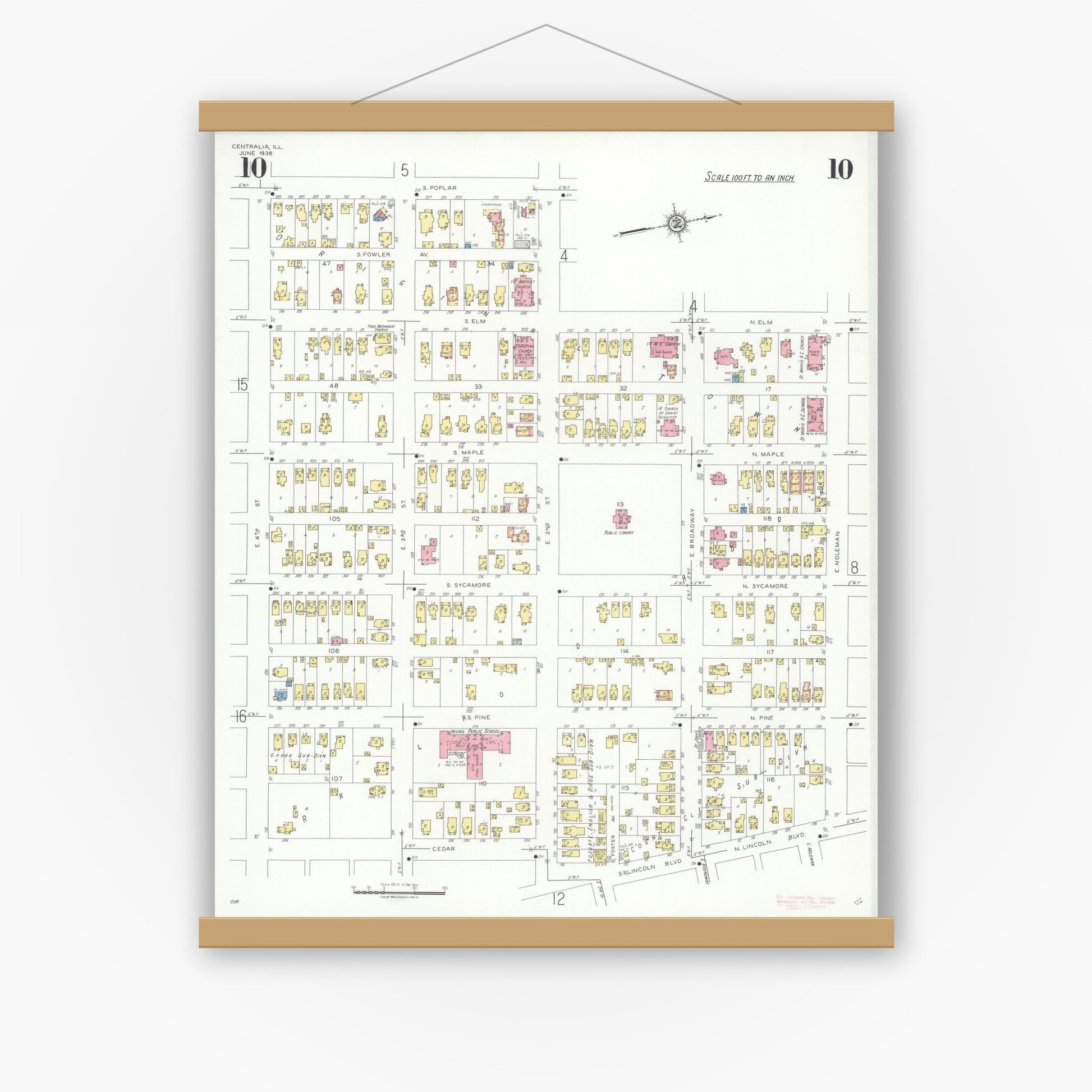 Old map wall art mockup — magnetic wood frame on white wall — Sanborn Fire Insurance Map from Centralia, Marion, Clinton, Jefferson, and Washington Counties, Illinois (1938), Sheet #0010