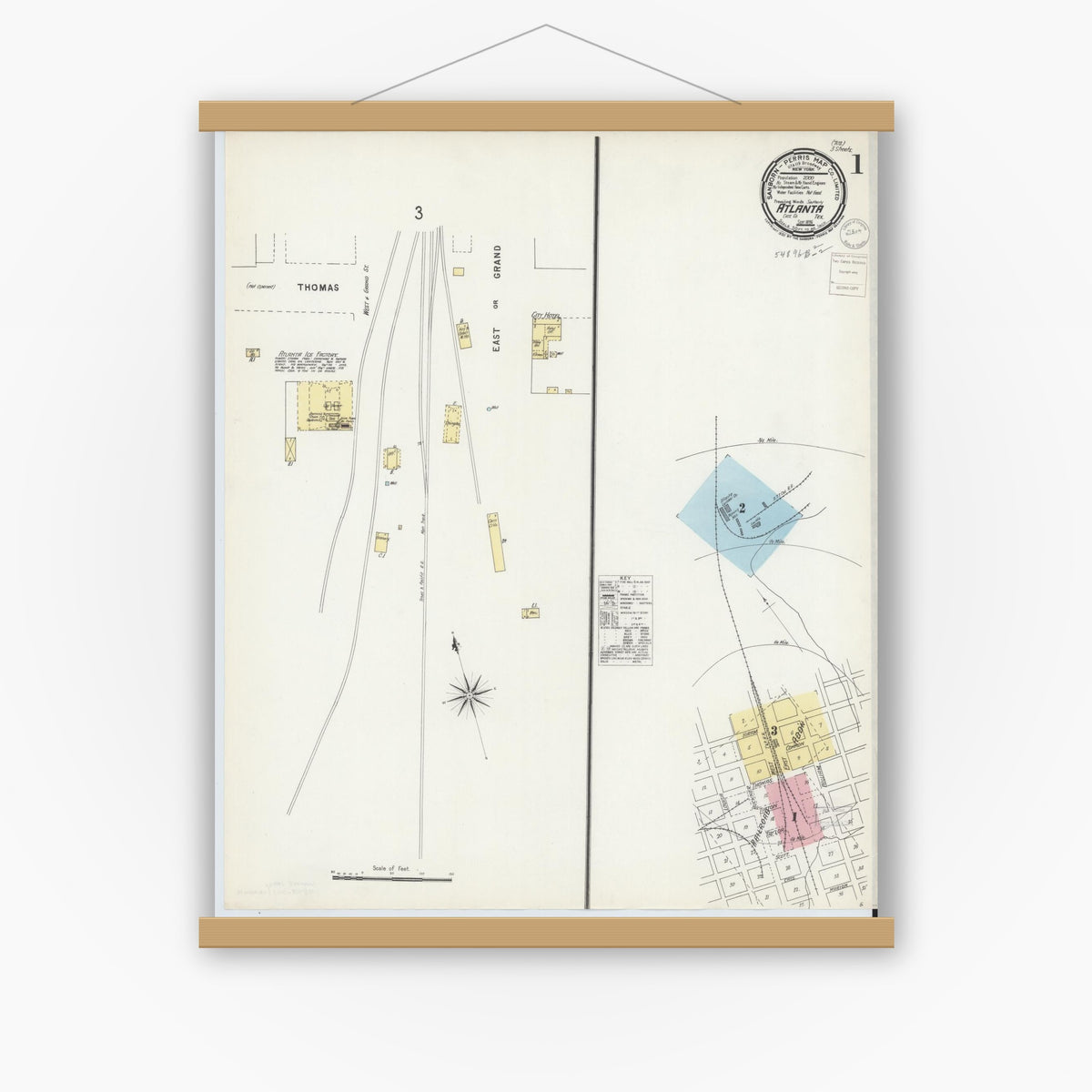 Old map wall art mockup — magnetic wood frame on white wall — Sanborn Fire Insurance Map from Atlanta, Cass County, Texas (1896), Sheet #0001