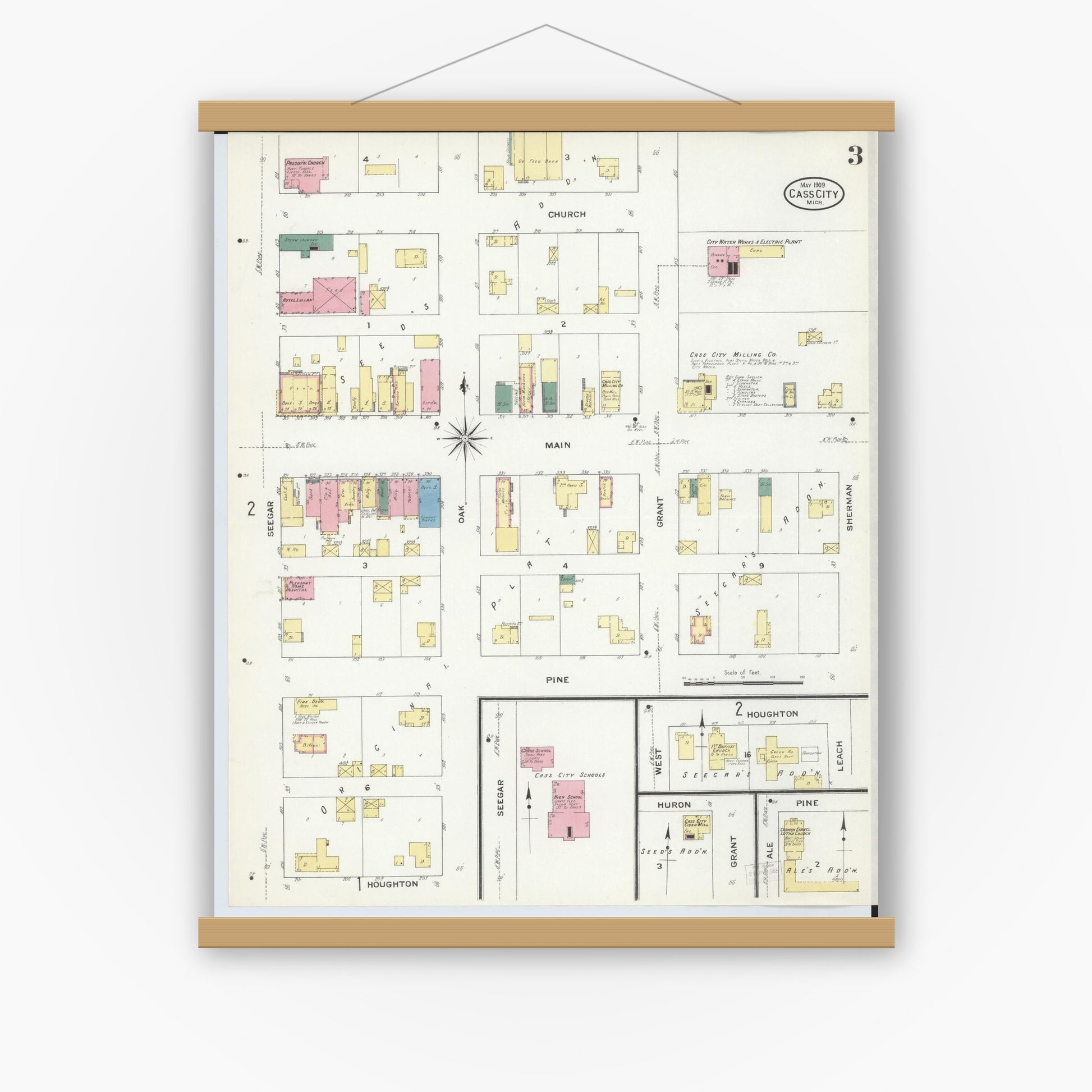 Old map wall art mockup — magnetic wood frame on white wall — Sanborn Fire Insurance Map from Cass City, Tuscola County, Michigan (1909), Sheet #0003