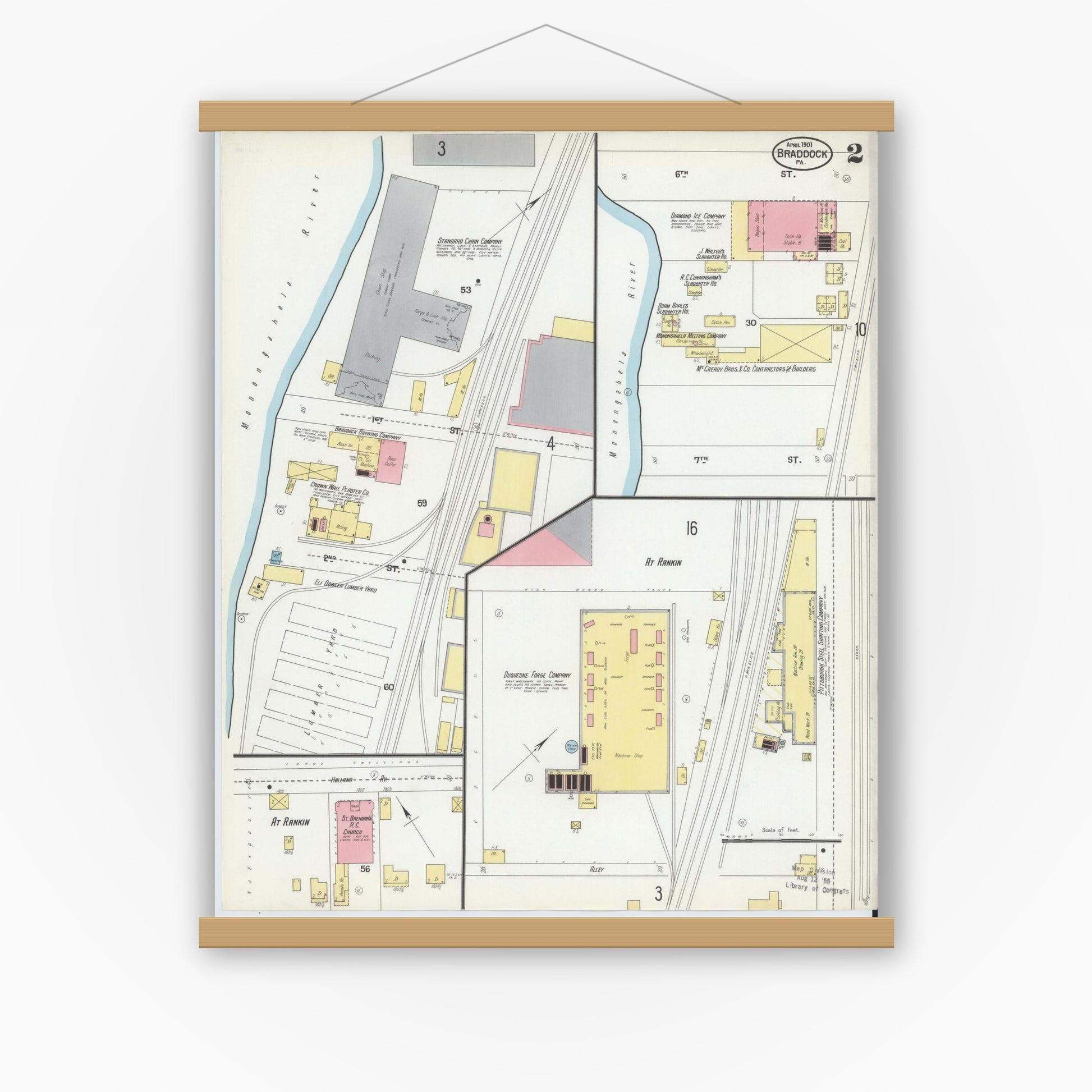 Old map wall art mockup — magnetic wood frame on white wall — Sanborn Fire Insurance Map from Braddock, Allegheny County, Pennsylvania (1901), Sheet #0002