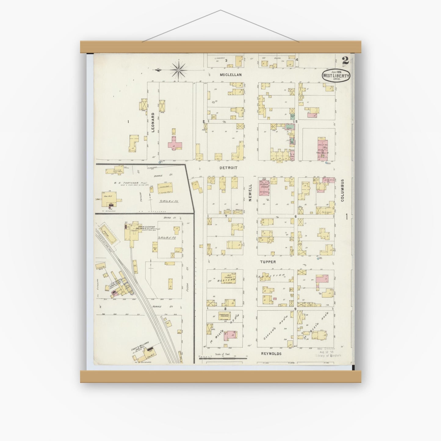 Old map wall art mockup — magnetic wood frame on white wall — Sanborn Fire Insurance Map from West Liberty, Logan County, Ohio (1896), Sheet #0002