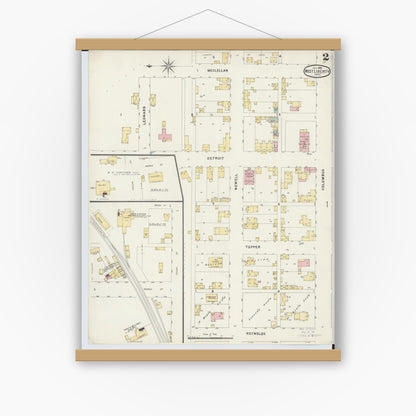Old map wall art mockup — magnetic wood frame on white wall — Sanborn Fire Insurance Map from West Liberty, Logan County, Ohio (1896), Sheet #0002