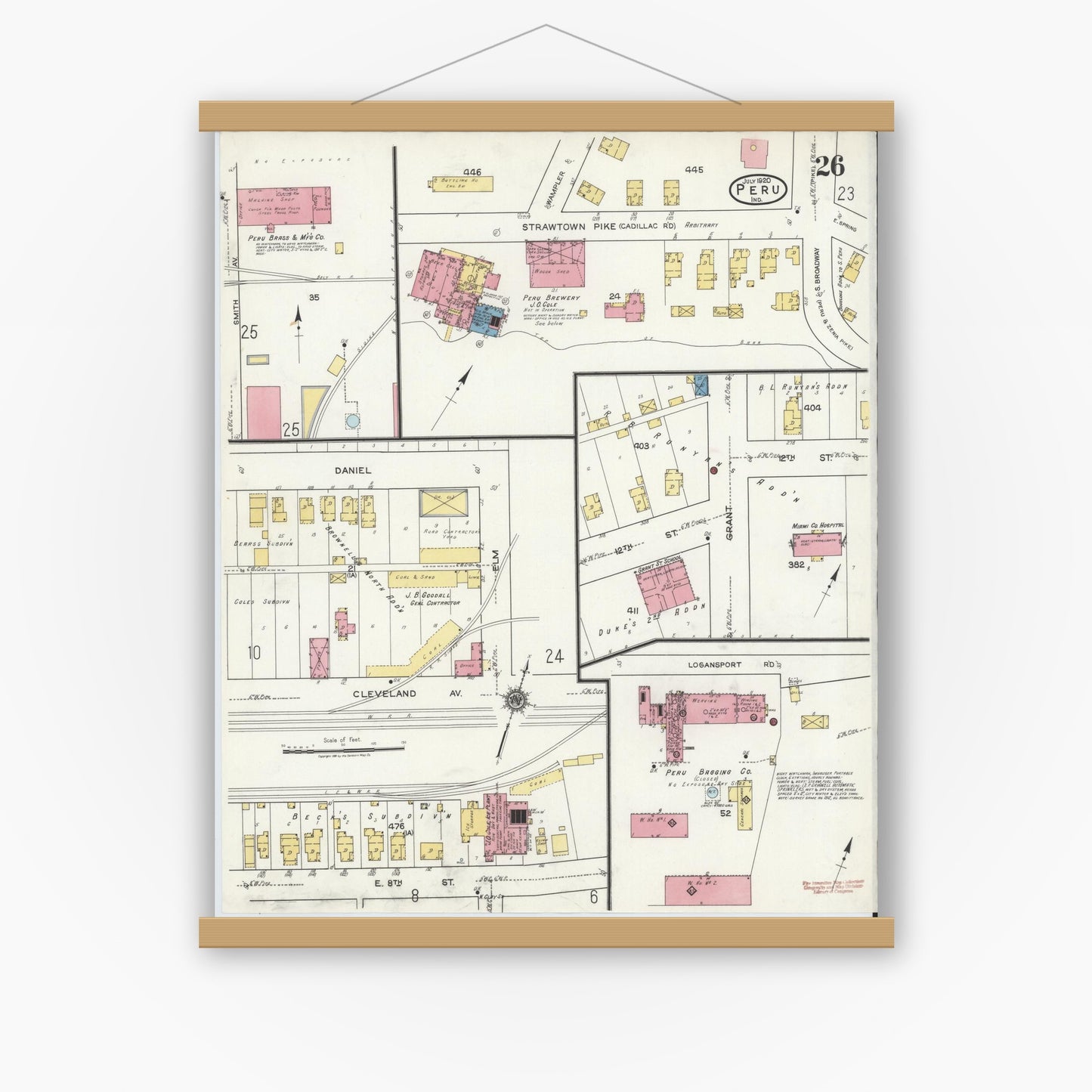 Old map wall art mockup — magnetic wood frame on white wall — Sanborn Fire Insurance Map from Peru, Miami County, Indiana (1920), Sheet #0026