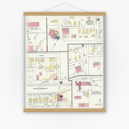 Old map wall art mockup — magnetic wood frame on white wall — Sanborn Fire Insurance Map from Peru, Miami County, Indiana (1920), Sheet #0026