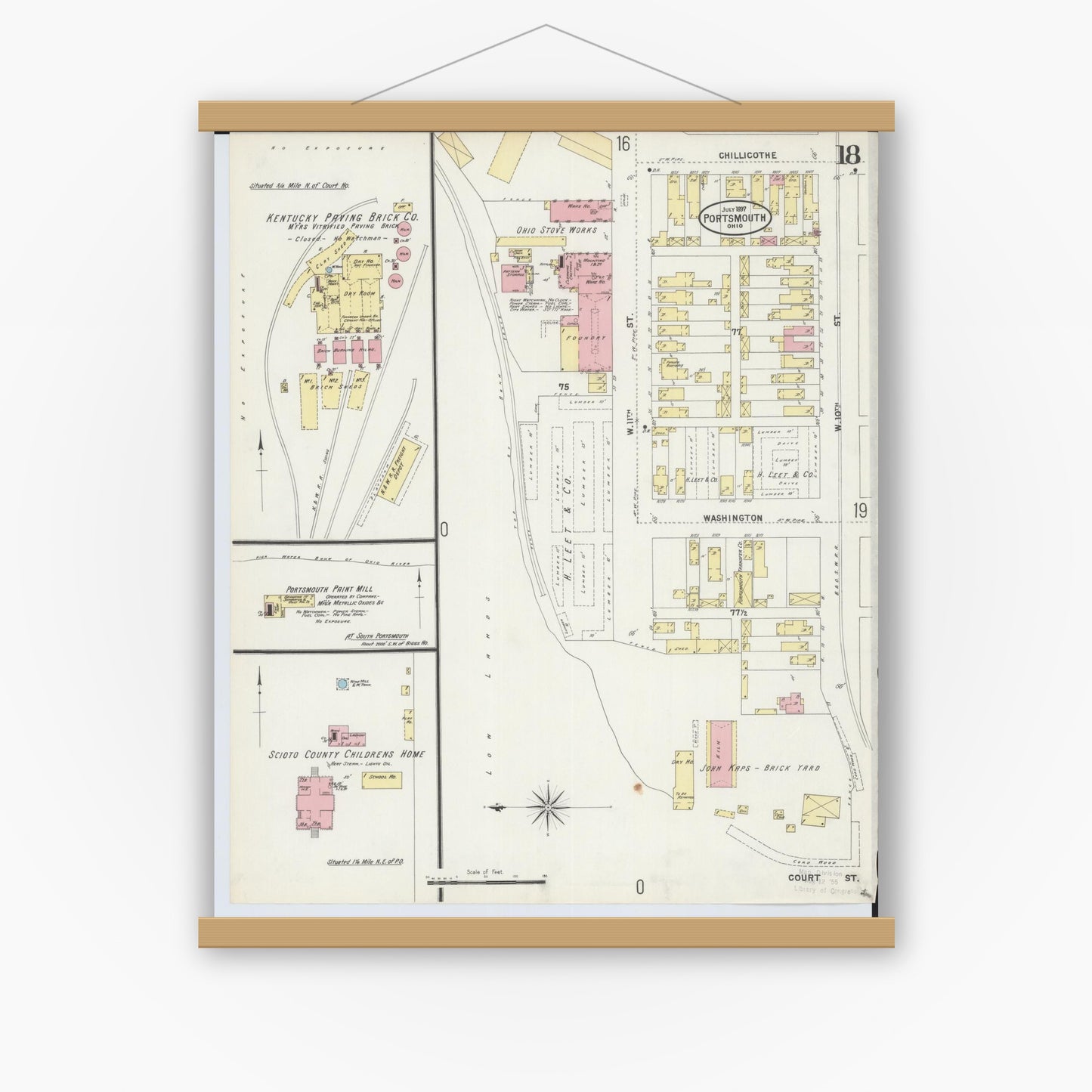 Old map wall art mockup — magnetic wood frame on white wall — Sanborn Fire Insurance Map from Portsmouth, Scioto County, Ohio (1897), Sheet #0018