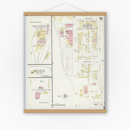 Old map wall art mockup — magnetic wood frame on white wall — Sanborn Fire Insurance Map from Portsmouth, Scioto County, Ohio (1897), Sheet #0018