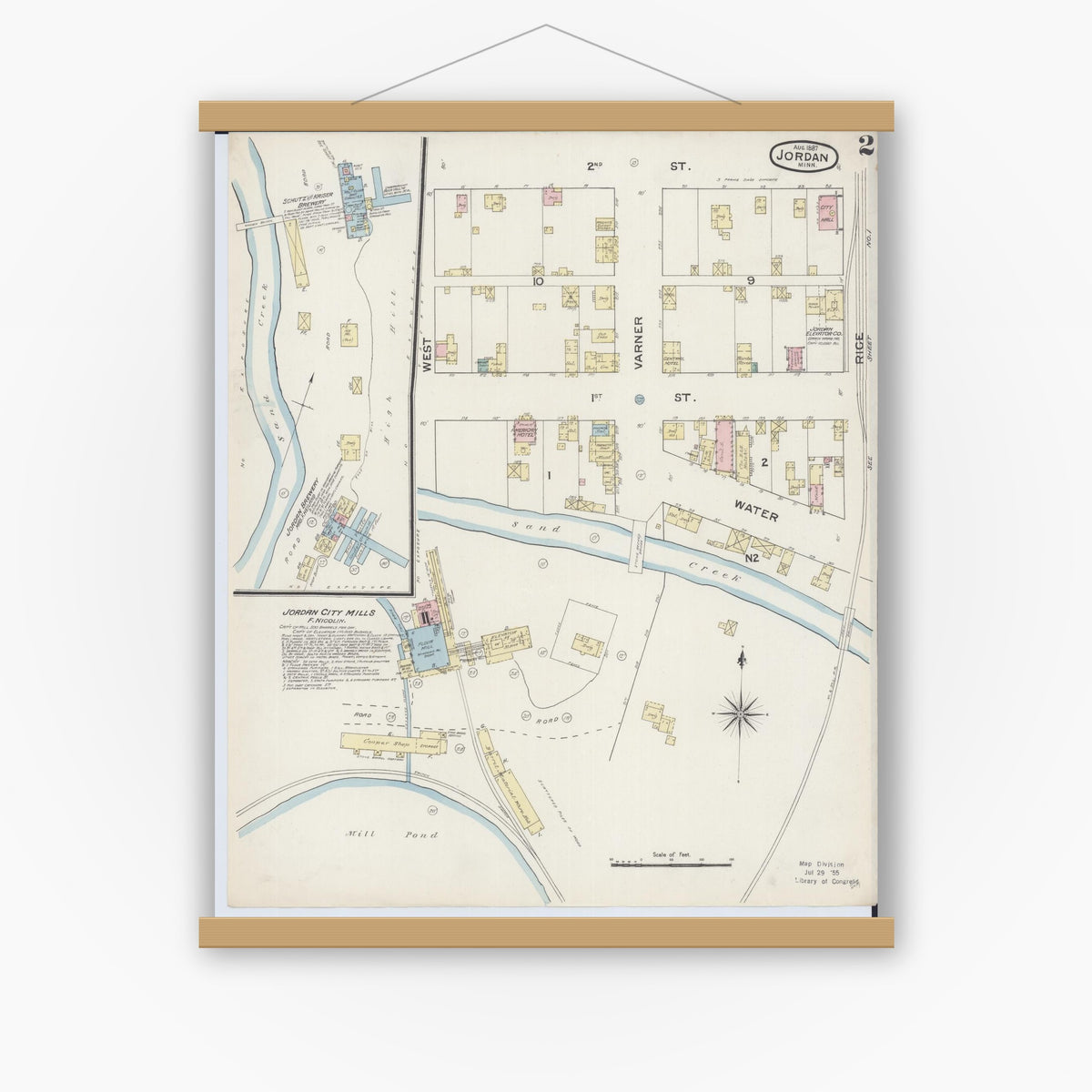 Old map wall art mockup — magnetic wood frame on white wall — Sanborn Fire Insurance Map from Jordan, Scott County, Minnesota (1887), Sheet #0002