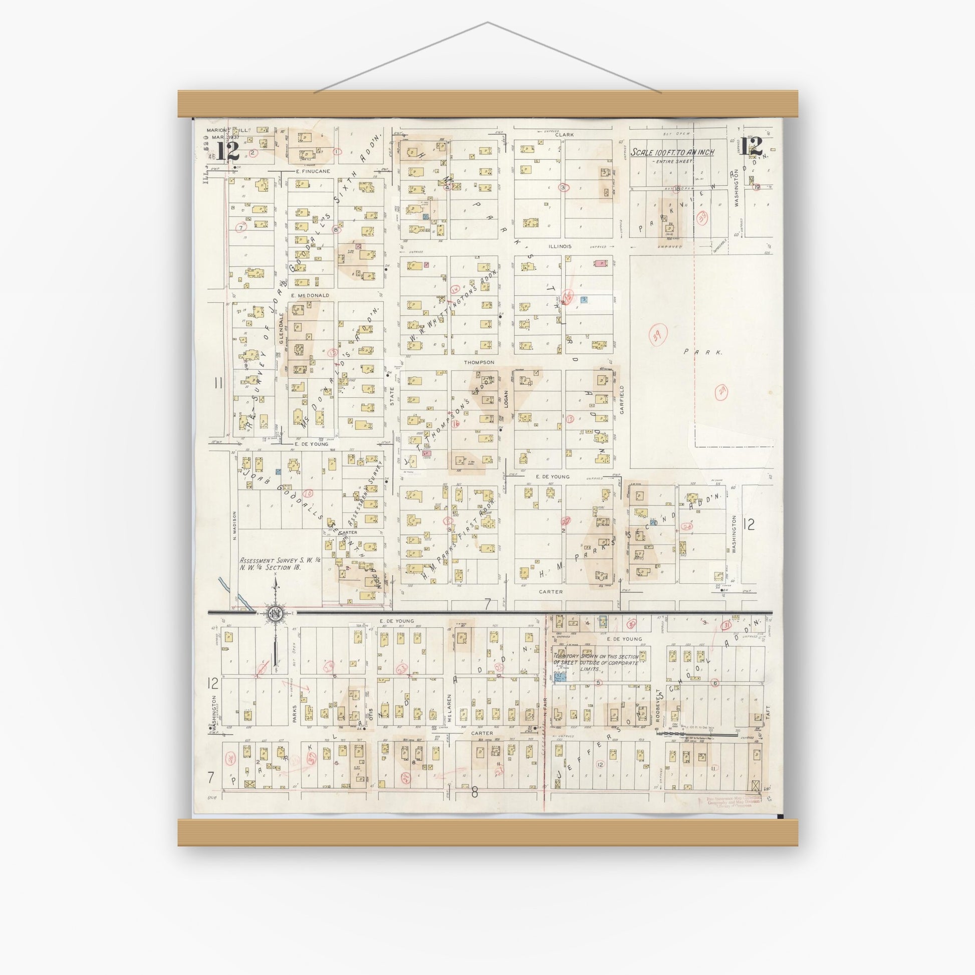 Old map wall art mockup — magnetic wood frame on white wall — Sanborn Fire Insurance Map from Marion, Williamson County, Illinois (1946), Sheet #0012