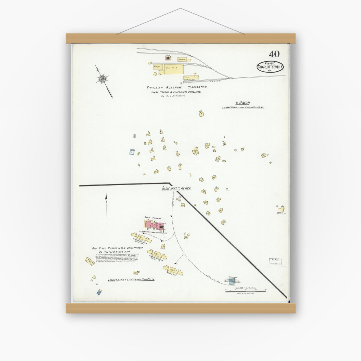 Old map wall art mockup — magnetic wood frame on white wall — Sanborn Fire Insurance Map from Charlottesville, Independent Cities, Virginia (1920), Sheet #0040